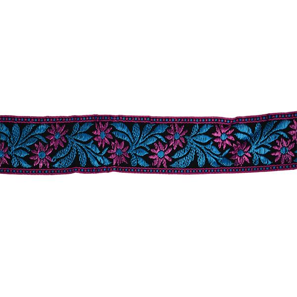 Jacquard bånd, 40 mm, sort/blå/pink
